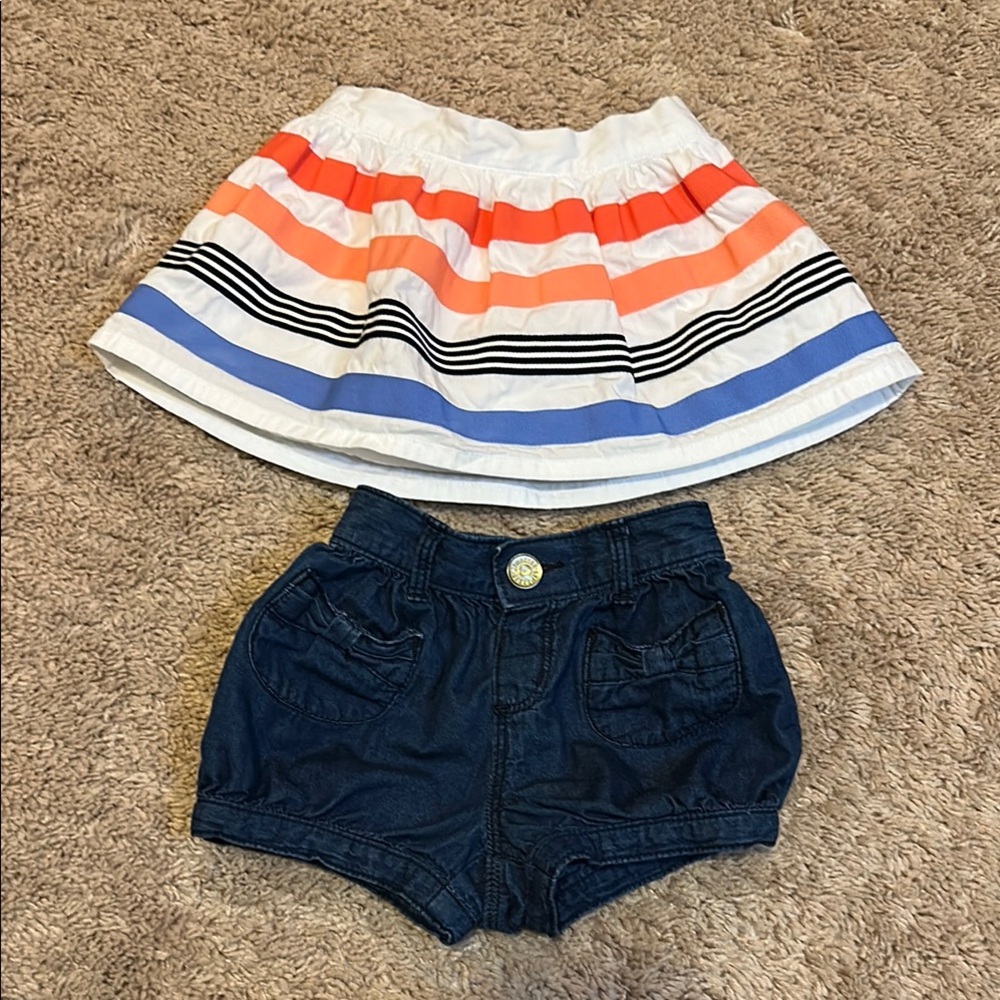 Girls Gymboree White Elastic Waist Ribbon Skirt & Jean Shorts size 12-18 months